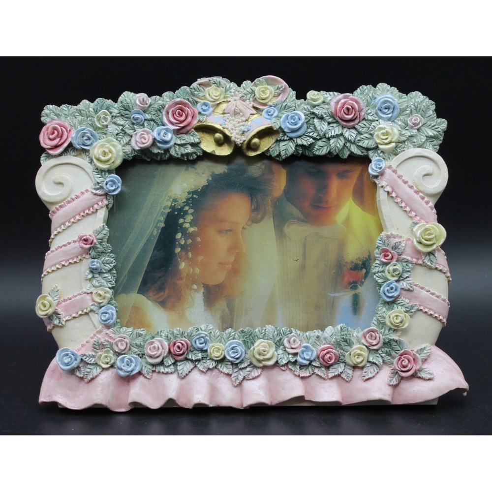 Vintage 80s Wedding Picture Frame Floral Roses Bells Resin 4x6 Photo Holder
